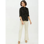Women's Polyester Ruffled Long Sleeves Standard Length Shirt (Black)