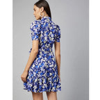 Women's Polyester Floral Short Sleeve Above Knee Dress (Blue - Purple)