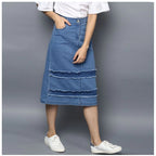 Women's Denim Washed Buttoned Skirt (Blue)
