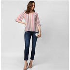 Women's Polyester Striped 3-4th Sleeves Top (Pink)