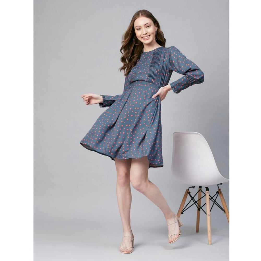 Women's Polyester Polka Long Sleeves Above Knee Dress (Grey - Coral)