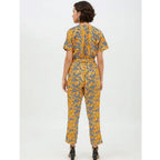 Women's Polyester Printed Half Sleeve Long Jumpsuit (Yellow)