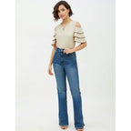 Women's Polyester Tiered Cold Shoulder Top (Beige)