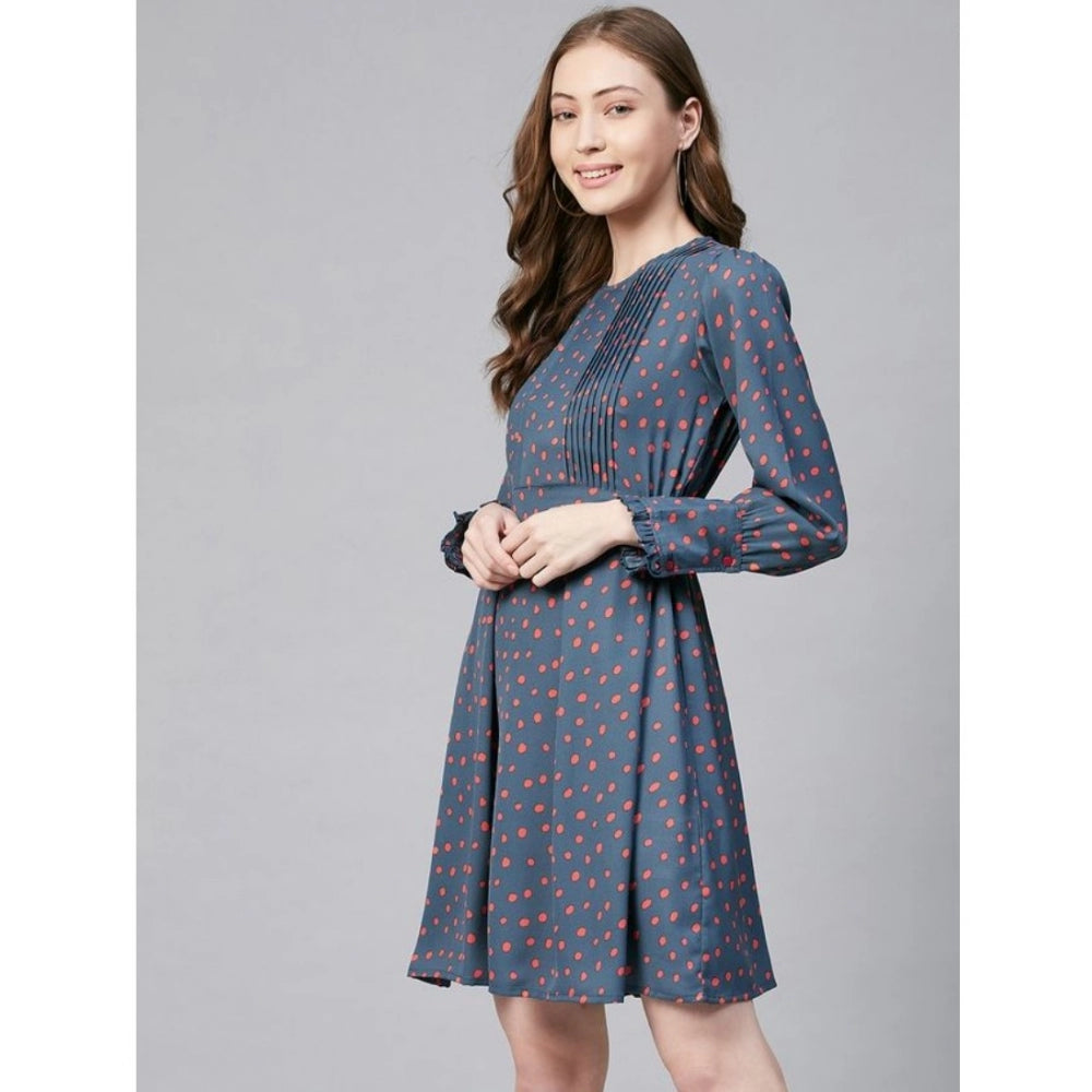 Women's Polyester Polka Long Sleeves Above Knee Dress (Grey - Coral)