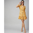 Women's Polyester Floral Short Sleeve Above Knee Dress (Yellow)