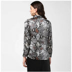 Women's Satin Animal Print Long Sleeves Standard Length Shirt (Black - Grey)