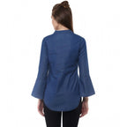 Women's Denim Solid Bell Sleeve Regular Top (Blue Denim)
