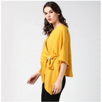Women's Polyester Solid Cape Sleeve Top (Yellow)