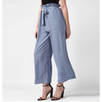 Women's Polyester Striped Elasticated Trousers (Blue)