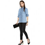Women's Denim Solid 3-4th Sleeves Standard Length Shirt (Blue)