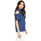 Women's Denim Solid Cold Shoulder Regular Top (Blue)