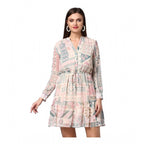 Women's Polyester Printed Long Sleeves Above Knee Dress (Light Pink - Off White)