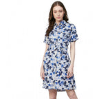 Women's Polyester Floral Short Sleeve Above Knee Dress (Blue - White)