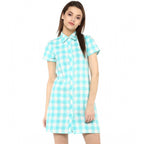 Women's Rayon Checkered Short Sleeve Above Knee Dress (SkuBlue - White)