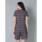 Women's Cotton Blended Printed Round Neck Half Sleeve Top - Shorts Set (Blue-Brown)