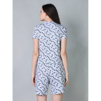Women's Cotton Blended Printed Round Neck Half Sleeve Top - Shorts Set (White-Black)