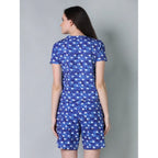 Women's Cotton Blended Printed Round Neck Half Sleeve Top - Shorts Set (Blue)