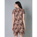 Women's Cotton Blended Printed Round Neck Half Sleeve Top - Shorts Set (Peach)