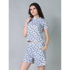 Women's Cotton Blended Printed Round Neck Half Sleeve Top - Shorts Set (White-Black)