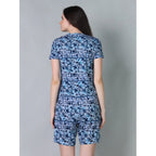 Women's Cotton Blended Printed Round Neck Half Sleeve Top - Shorts Set (White-Blue)