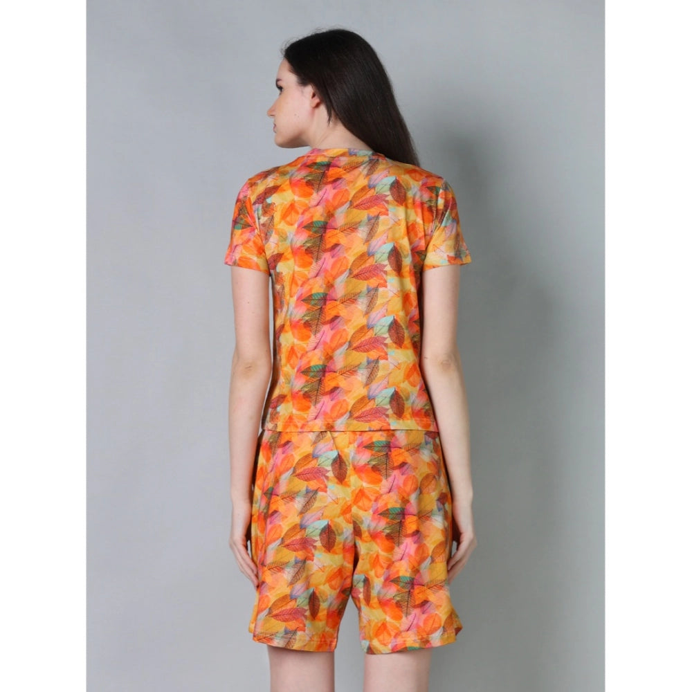 Women's Cotton Blended Printed Round Neck Half Sleeve Top - Shorts Set (Yellow)
