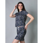 Women's Cotton Blended Printed Round Neck Half Sleeve Top - Shorts Set (Navy)