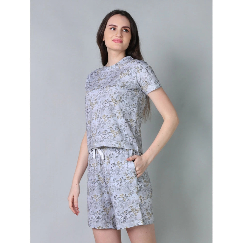 Women's Cotton Blended Printed Round Neck Half Sleeve Top - Shorts Set (Grey)