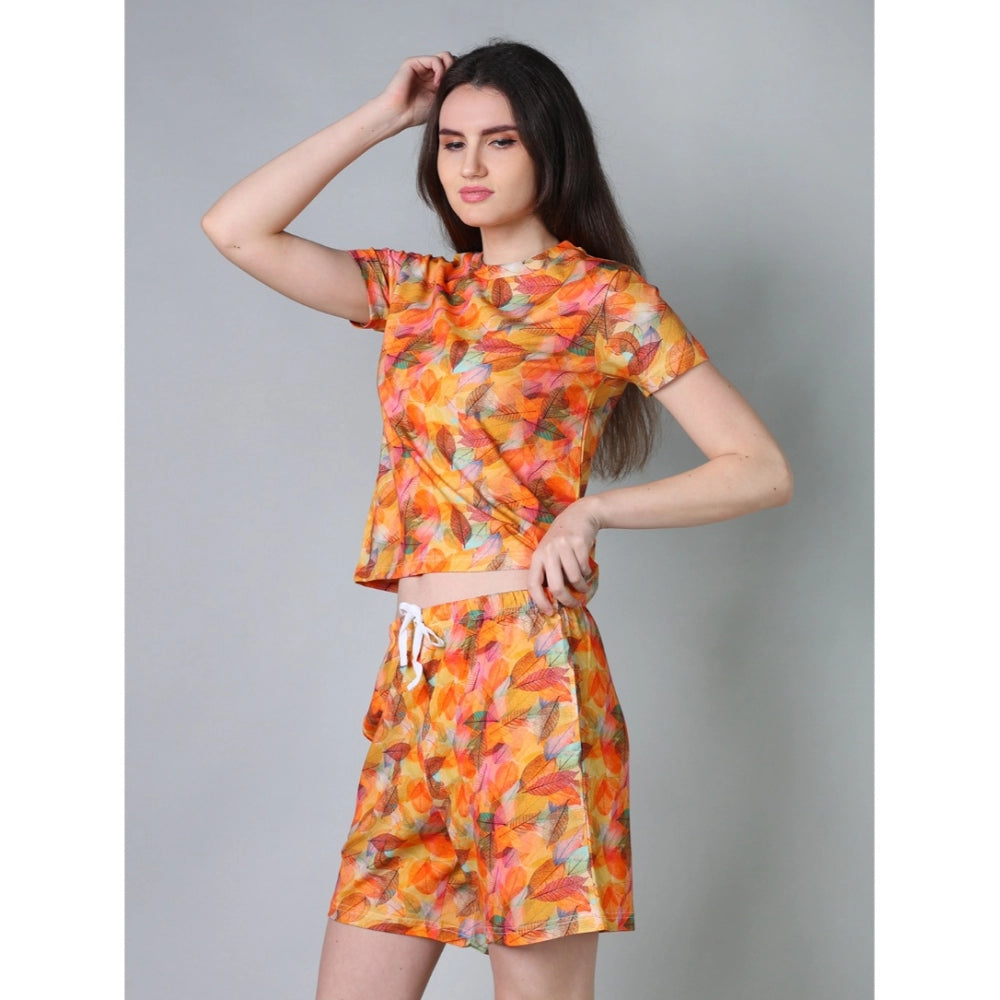 Women's Cotton Blended Printed Round Neck Half Sleeve Top - Shorts Set (Yellow)