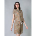 Women's Cotton Blended Printed Round Neck Half Sleeve Top - Shorts Set (Beige)