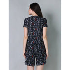 Women's Cotton Blended Printed Round Neck Half Sleeve Top - Shorts Set (Black)