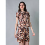 Women's Cotton Blended Printed Round Neck Half Sleeve Top - Shorts Set (Peach)