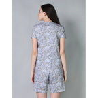 Women's Cotton Blended Printed Round Neck Half Sleeve Top - Shorts Set (Grey)