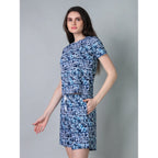 Women's Cotton Blended Printed Round Neck Half Sleeve Top - Shorts Set (White-Blue)