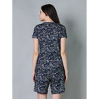 Women's Cotton Blended Printed Round Neck Half Sleeve Top - Shorts Set (Navy)