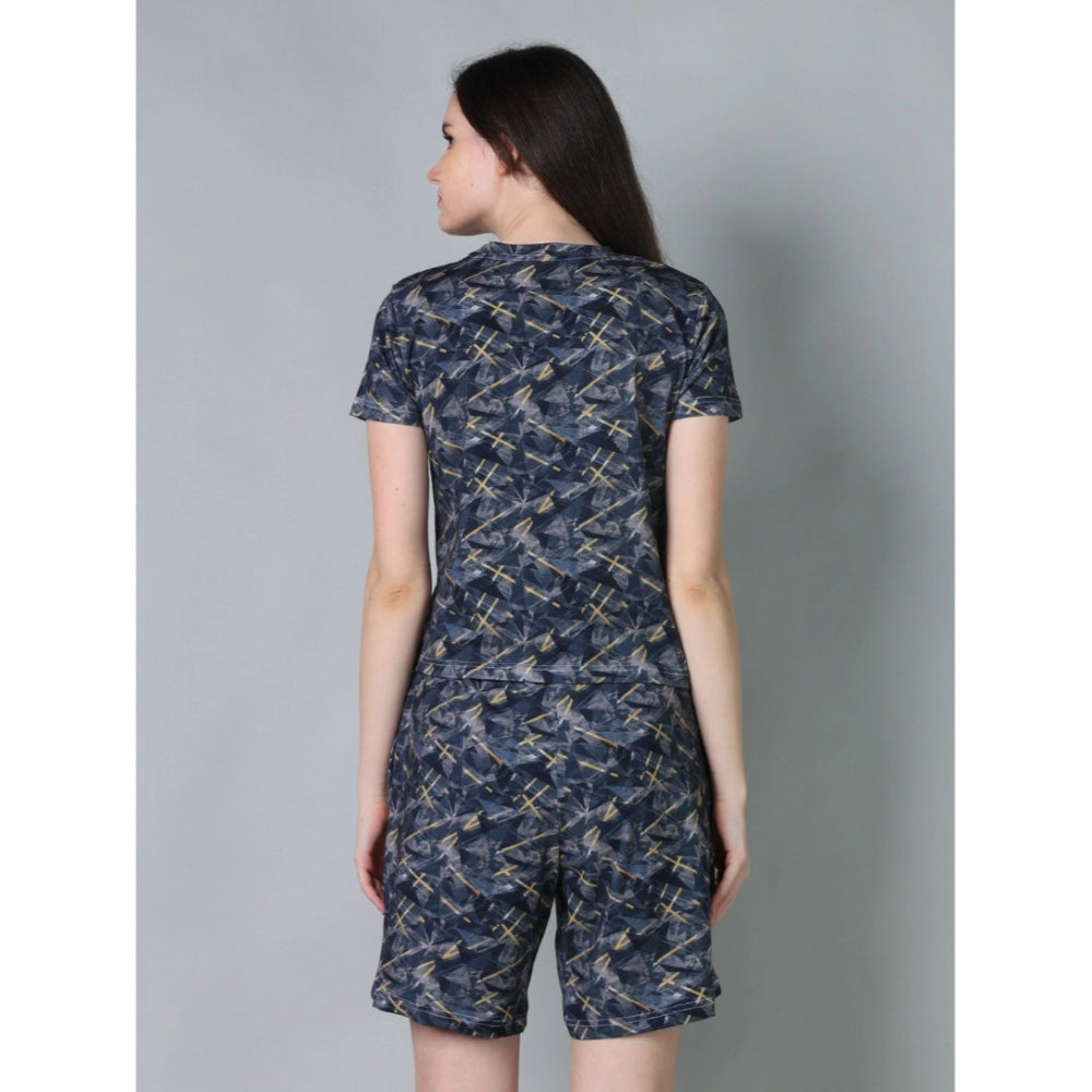 Women's Cotton Blended Printed Round Neck Half Sleeve Top - Shorts Set (Navy)