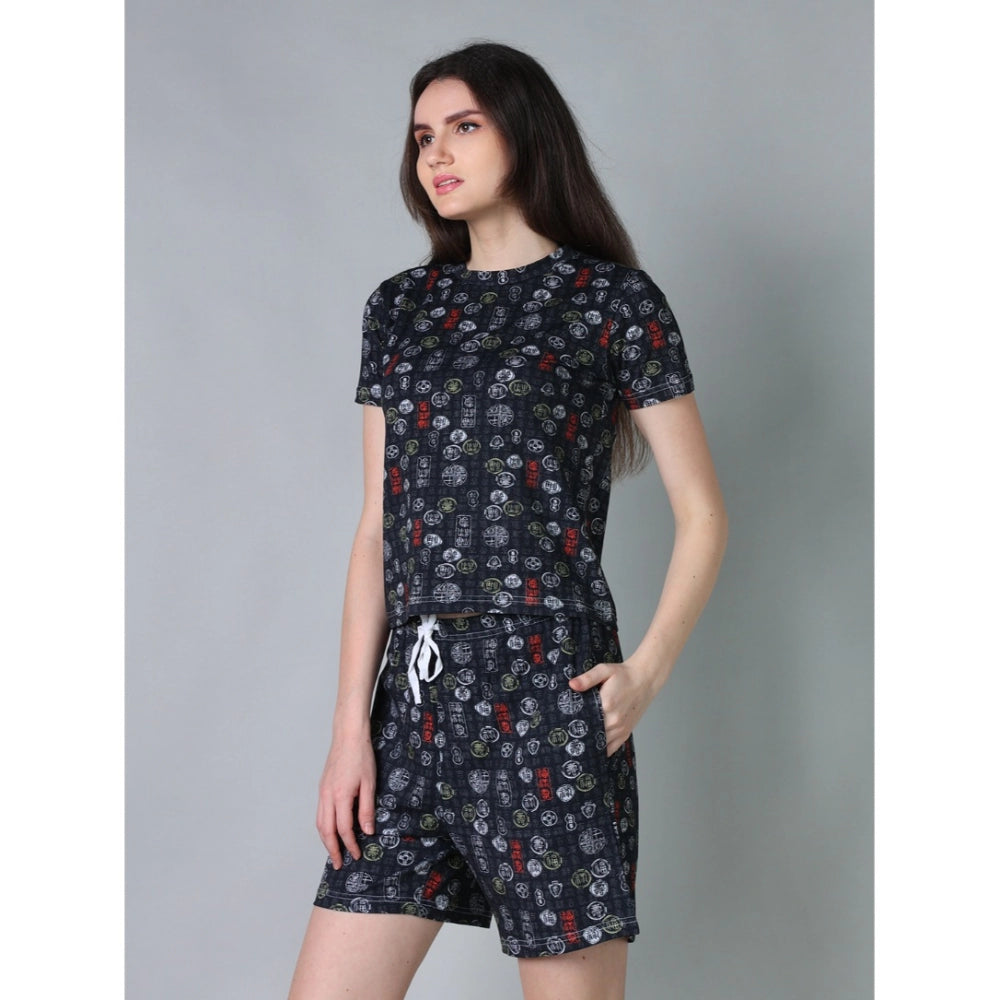 Women's Cotton Blended Printed Round Neck Half Sleeve Top - Shorts Set (Black)