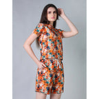 Women's Cotton Blended Printed Round Neck Half Sleeve Top - Shorts Set (Orange)