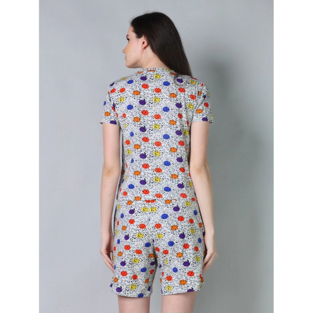 Women's Cotton Blended Printed Round Neck Half Sleeve Top - Shorts Set (Grey)