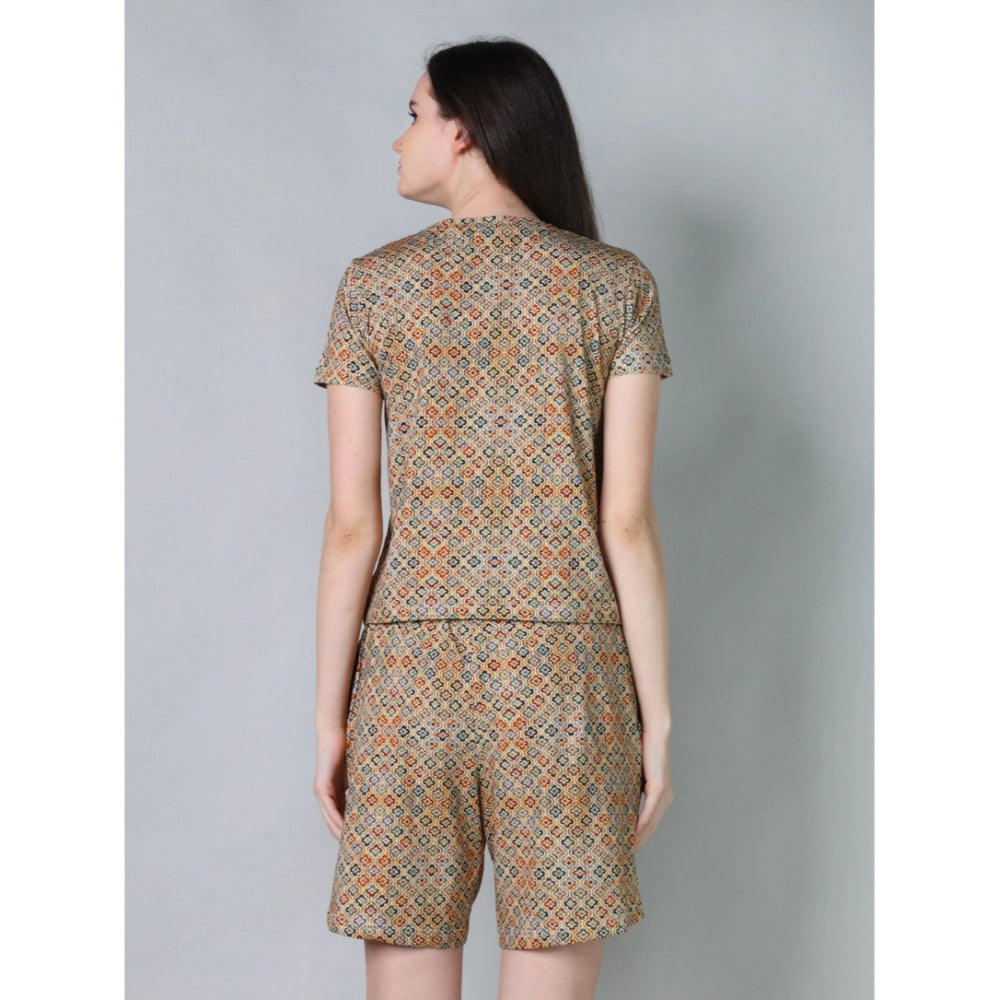 Women's Cotton Blended Printed Round Neck Half Sleeve Top - Shorts Set (Beige)
