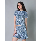 Women's Cotton Blended Printed Round Neck Half Sleeve Top - Shorts Set (Blue)