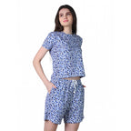 Women's Cotton Blended Printed Round Neck Half Sleeve Top - Shorts Set (Blue)