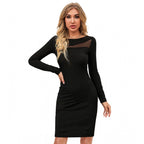 Women's Knitting stretchable Solid Round Neck Full Sleeve Dress (Black)