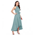 Women's Polyester Solid Halter Neck Sleeveless Dress (Pista)
