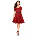 Women's Polyester Solid V Neck Cap Sleeve Dress (Maroon)