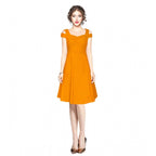 Women's Polyester Solid V Neck Cap Sleeve off Shoulder Dress (Yellow)