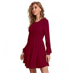 Women's Knitting stretchable Solid Round Neck Full Sleeve Dress (Maroon)