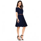 Women's Polyester Solid V Neck Cap Sleeve Dress (Blue)