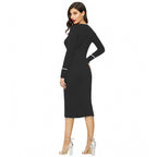 Women's Knitting stretchable Solid Round Neck Full Sleeve Dress (Black)