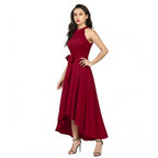 Women's Polyster Solid Halter Neck Sleeveless Dress (Maroon)