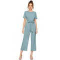 Women's Knitting stretchable Solid Round Neck Cap Sleeve Jumpsuit (Pista )